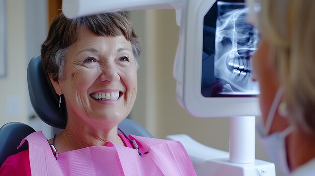 Mujer anciana confiada en el dentista sonriendo y mirando a la cámara con una radiografía dental de sus dientes en la pantalla en el fondo