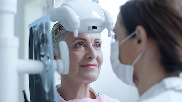 Mujer anciana confiada se somete a una radiografía panorámica de sus dientes en una clínica dental moderna Paciente anciana en el consultorio del dentista