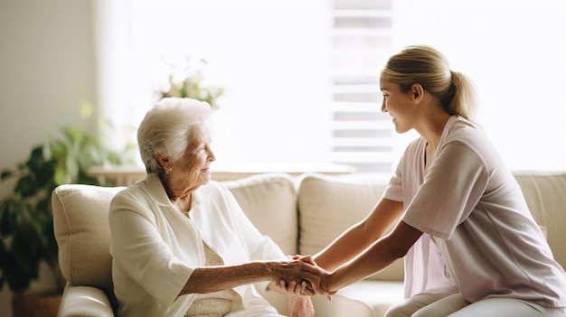 una mujer y una anciana se dan la mano, ambas vestidas de blanco, la misma vestimenta.