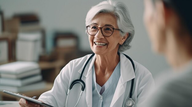 mujer anciana doctor en el chequeo discutir los síntomas