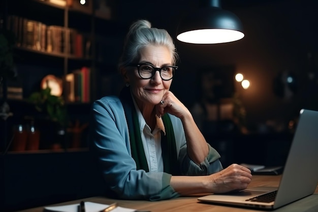 Mujer anciana elegante freelance trabajando en una computadora portátil en un apartamento moderno Ilustración de IA generativa