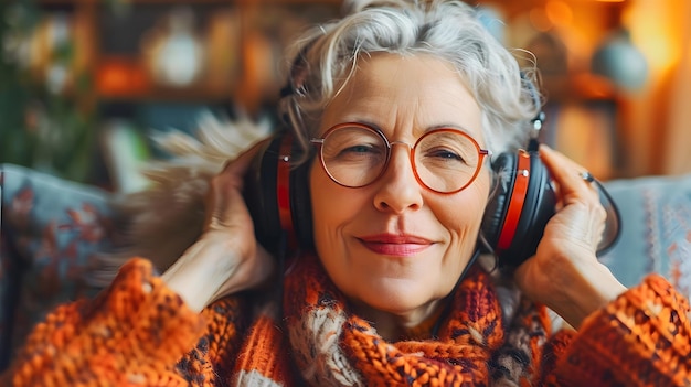 Mujer anciana escuchando auriculares en el sofá IA generativa