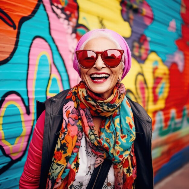 Foto mujer anciana expresión feliz contra el grunge colorido graffiti pared ai generado