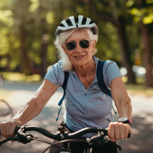 Mujer anciana feliz montando bicicleta Ella está llevando un estilo de vida activo concepto de vejez activa