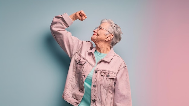 Mujer anciana feliz, sana y fuerte que muestra los músculos del bíceps.