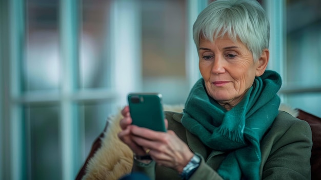 Mujer anciana feliz sosteniendo un teléfono inteligente usando una aplicación de teléfono móvil Comunicación tecnológica adulto feliz