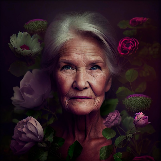 Mujer anciana con flores Ilustración creada por tecnología de IA generativa