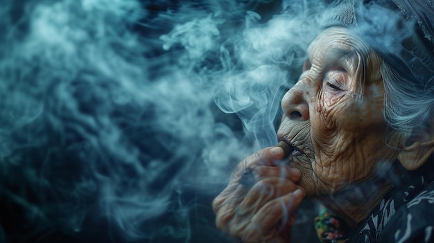 una mujer anciana fuma un cigarrillo en un fondo oscuro