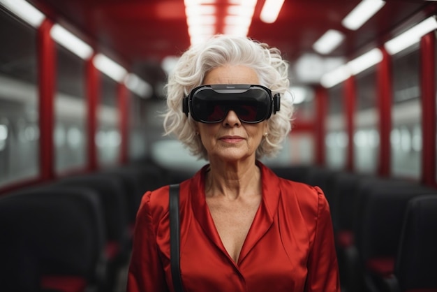 mujer anciana con gafas de realidad virtual concepto de alta moda