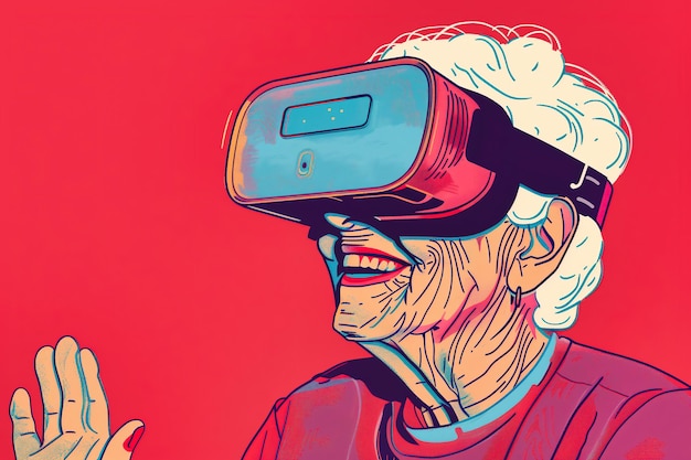 Foto mujer anciana con gafas de realidad virtual ilustración colorida