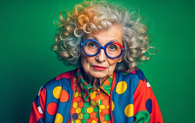 Mujer anciana con gafas sobre un fondo verde