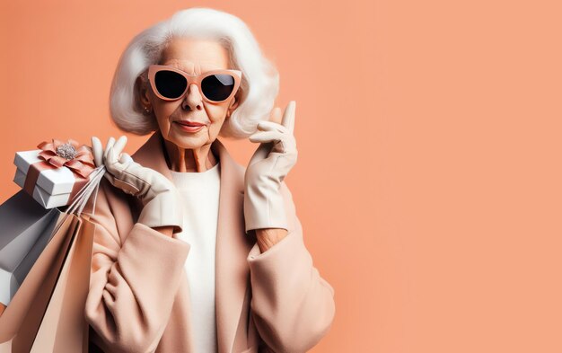 Foto mujer anciana con gafas de sol que lleva bolsas de compras para el regalo de navidad del año nuevo en un