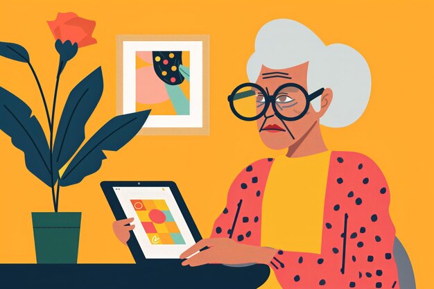 Mujer anciana con gafas usando una tableta