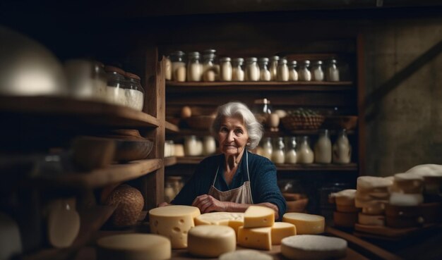 Mujer anciana granjera que hace queso productos lácteos de la granja