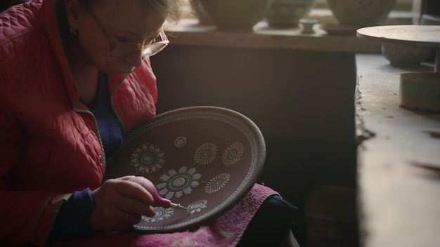 Mujer anciana haciendo adornos en el taller Closeup centrado en el ceramista decorando el producto en el estudio Mujer mayor dibujando en una placa de arcilla en la cerámica