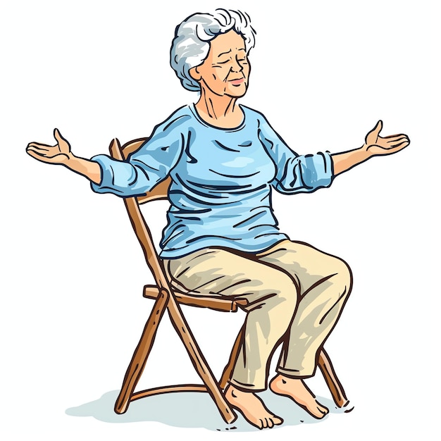 Mujer anciana haciendo una ilustración de yoga en silla