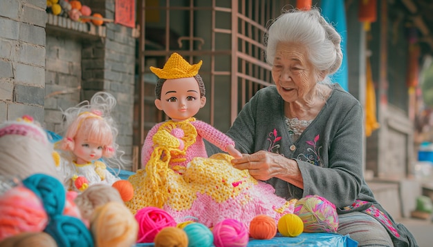 Foto mujer anciana haciendo muñecas de peluche para la venta