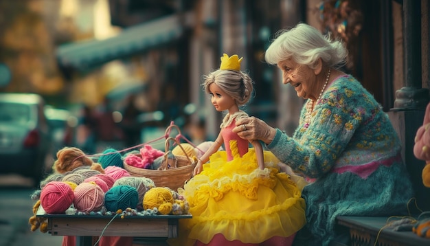 Foto mujer anciana haciendo muñecas de peluche para la venta