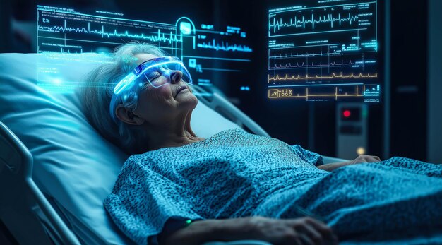 Una mujer anciana interactúa con un monitor de control holográfico IA generativa