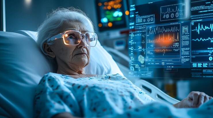 Una mujer anciana interactúa con un monitor de control holográfico IA generativa