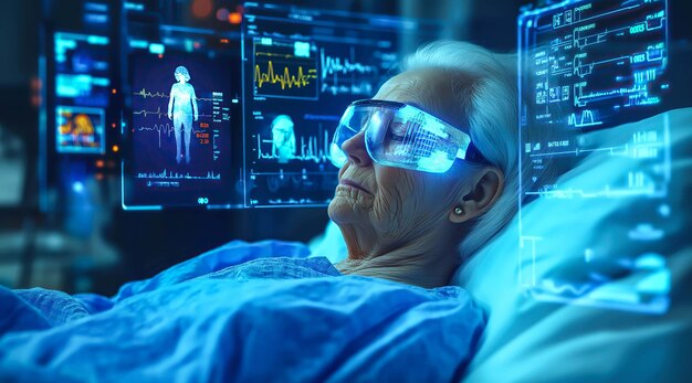 Una mujer anciana interactúa con un monitor de control holográfico IA generativa