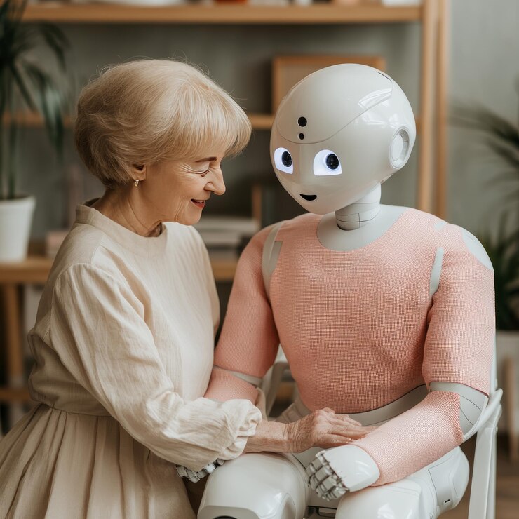 Foto una mujer anciana interactúa con un robot humanoide mostrando compañerismo