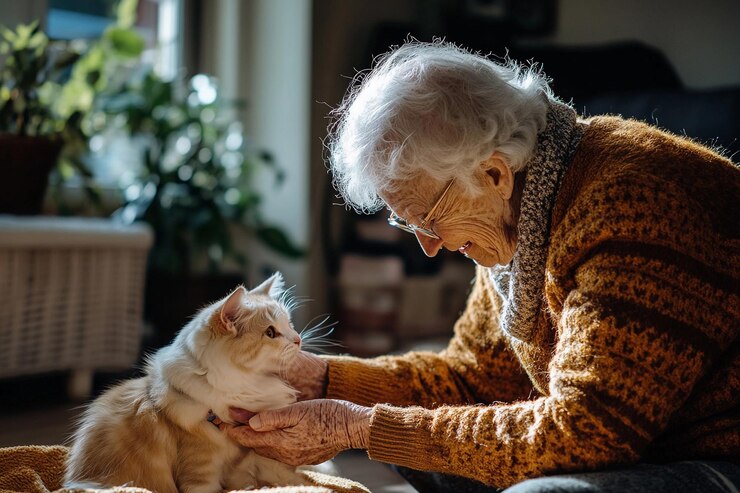 Mujer anciana interactuando con el gato en un acogedor entorno de sala de estar IA generativa