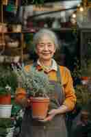 Foto una mujer anciana con un jarrón de flores en sus manos