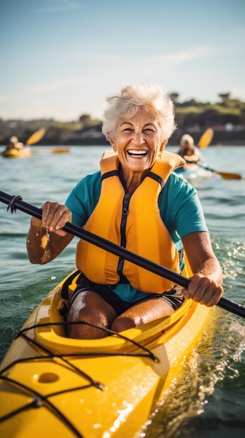 Mujer anciana en kayak remando aguas tranquilas aventura de expresión feliz