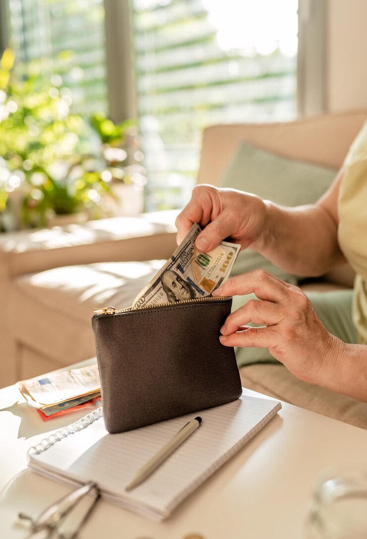 Foto mujer anciana con las manos sacando dólares de la billetera pensionista contando ahorros y gastos