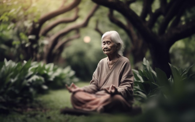 Mujer anciana meditando en el jardín Meditación de ancianos