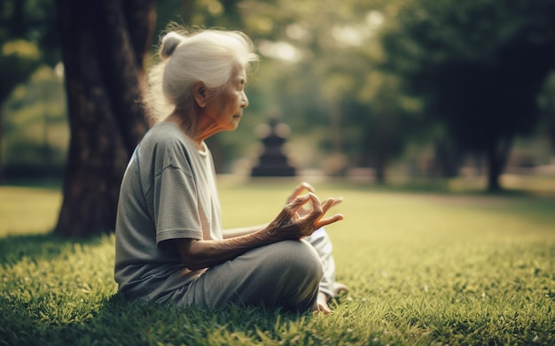 Mujer anciana meditando en el jardín Meditación de ancianos