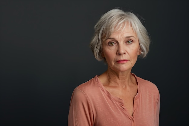 Mujer anciana moderna con cabello corto de pie orgullosa