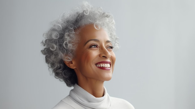 Una mujer anciana negra con cabello afro gris sonríe y posa contra un fondo de estudio gris claro cuidado de la piel durante 5060 años