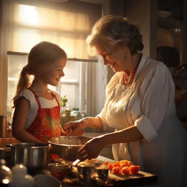 Mujer anciana y niña cocinando en la cocina