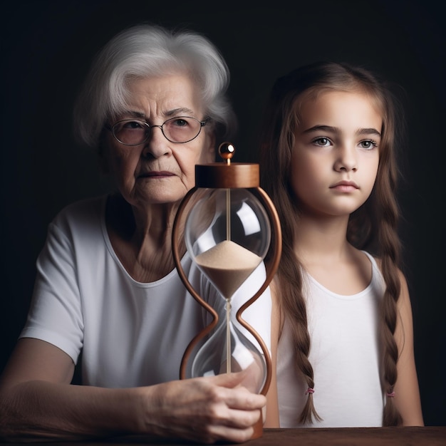 Una mujer anciana y una niña similares entre sí al lado de la foto y el concepto de reloj de arena del flujo del tiempo