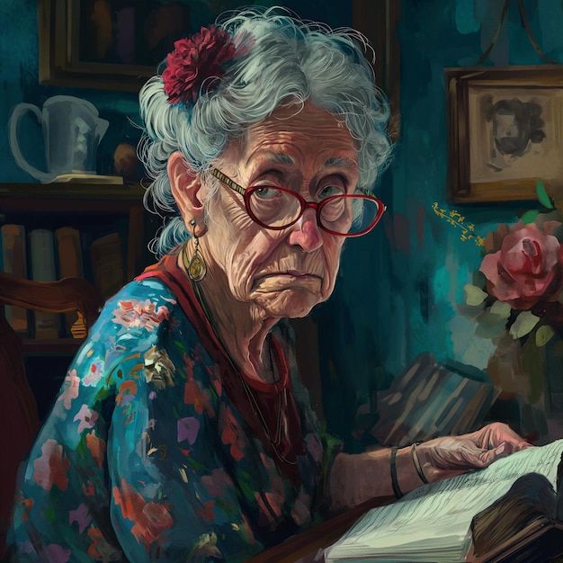 Mujer anciana o abuela vieja con gafas leyendo un libro Pintura al óleo