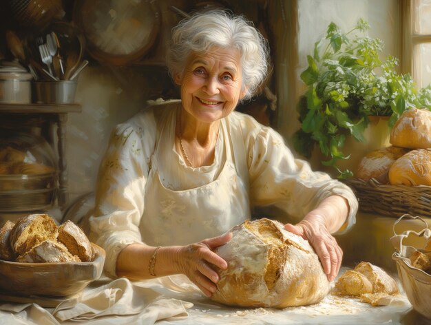 Mujer anciana con pan fresco en una habitación iluminada por el sol