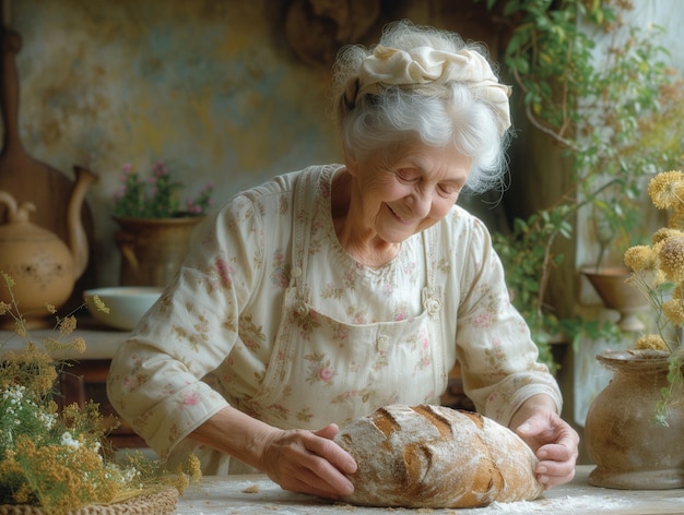 Mujer anciana con pan fresco en una habitación iluminada por el sol