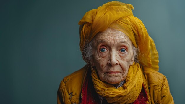 Mujer anciana con pañuelo amarillo