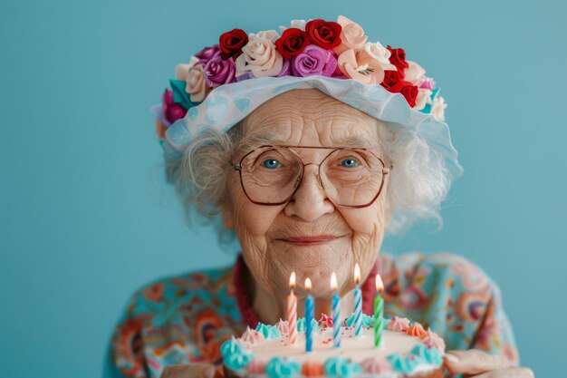 Mujer anciana con pastel de cumpleaños y velas sobre un fondo azul