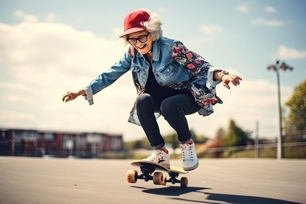 Mujer anciana patinando al aire libre en la ciudad