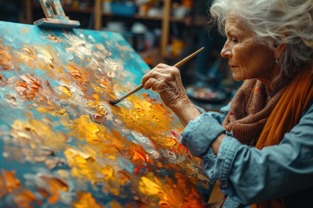 Mujer anciana pintando en lienzo