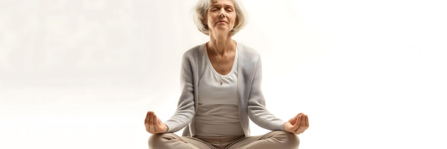 Mujer anciana practicando la meditación en la posición del loto