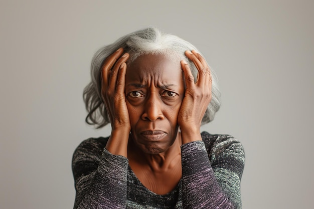 Mujer anciana preocupada con las manos sobre la cabeza Expresión de ansiedad Fondo ligero