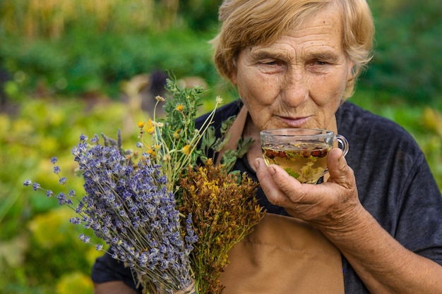 Una mujer anciana prepara té de hierbas enfoque selectivo