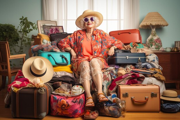 Mujer anciana preparándose para las vacaciones con una mochila