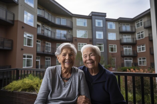 Foto mujer anciana que vive en un modelo de vivienda para jubilados con su hijo