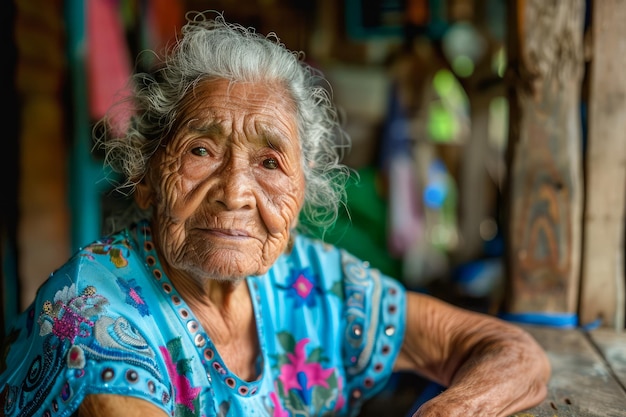 Mujer anciana con rasgos desgastados en ropa tradicional contemplando la vida en un entorno rústico