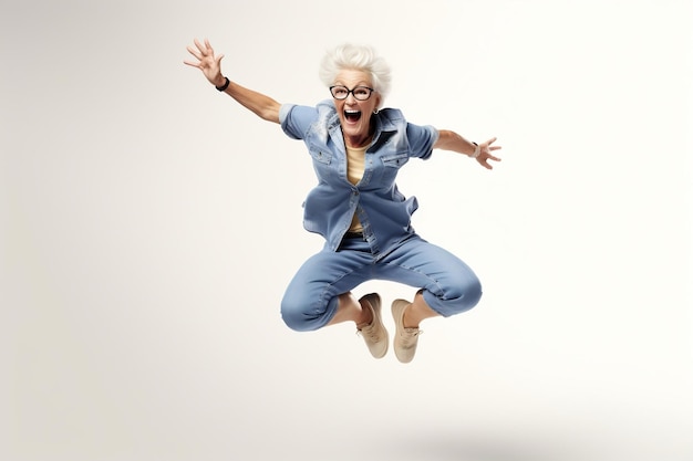 Foto mujer anciana saltando de alegría sobre un fondo blanco ia generativa